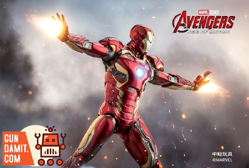 Iron Man Mark 45 in landing pose with repulsor effects on both palms in classic red and gold suit Iron Man Mark 45 in landing pose with repulsor effects on both palms in classic red and gold suit