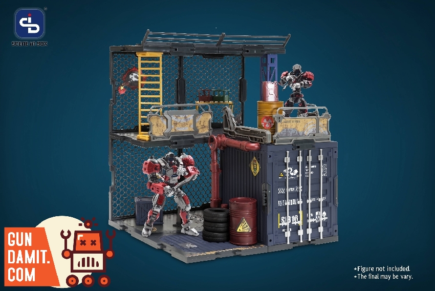 Container Warehouse diorama displayed with mecha action figures for scale on upper and lower levels Container Warehouse diorama displayed with mecha action figures for scale on upper and lower levels