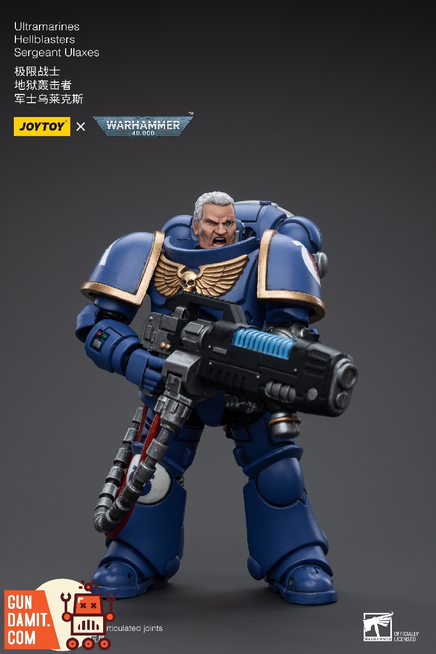 Sergeant Ulaxes standing with exposed head carrying plasma incinerator showing detailed blue armor and gold trim Sergeant Ulaxes standing with exposed head carrying plasma incinerator showing detailed blue armor and gold trim