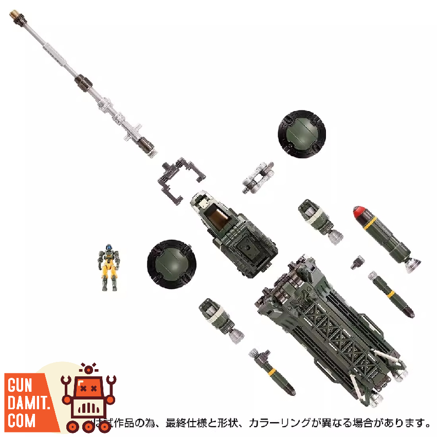 Exploded parts view of Diaclone Green Flyer showing disassembled components weapons and pilot figure Exploded parts view of Diaclone Green Flyer showing disassembled components weapons and pilot figure