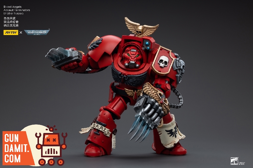 Brother Nassio in aggressive combat stance slashing with paired lightning claws and red armor Brother Nassio in aggressive combat stance slashing with paired lightning claws and red armor