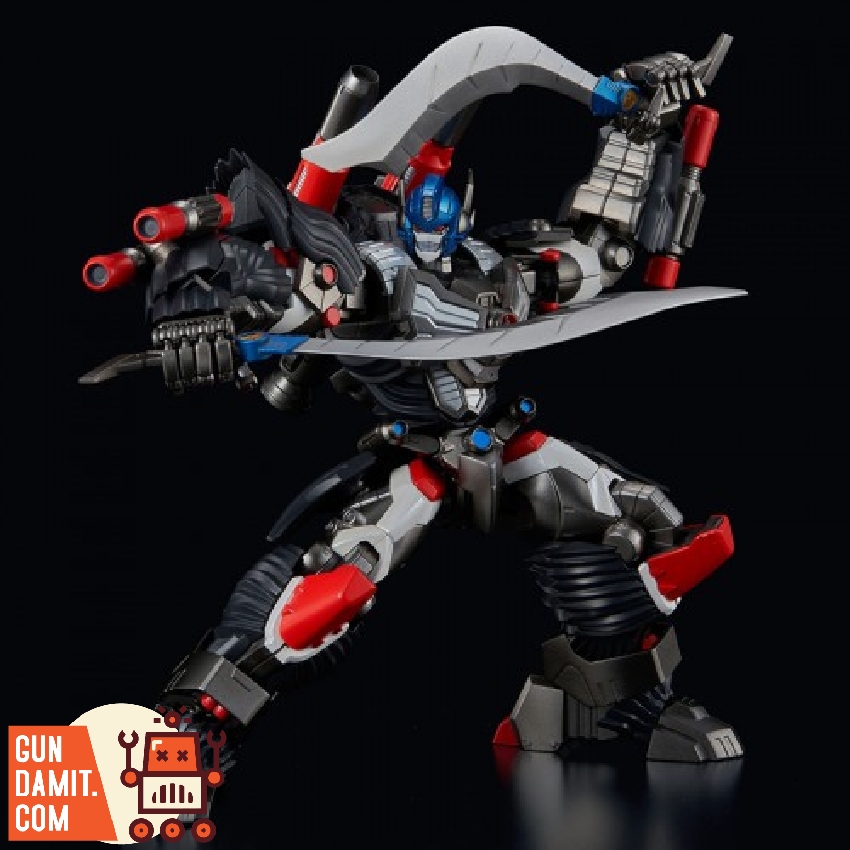 Optimus Primal in dynamic dual-wielding blade attack pose with swords drawn Optimus Primal in dynamic dual-wielding blade attack pose with swords drawn