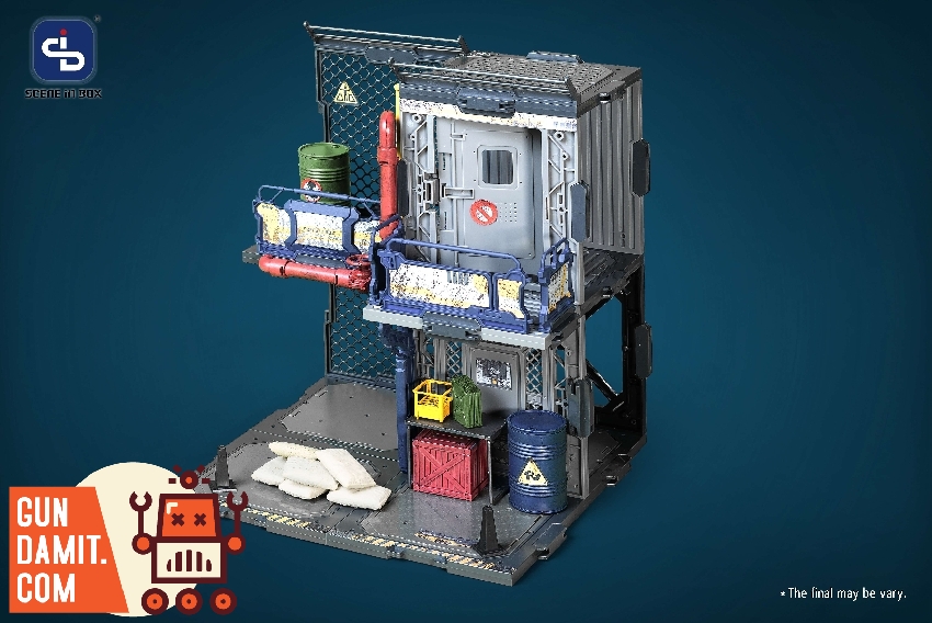 FreshRetro Scene In Box Outpost diorama front view showing two-story industrial structure with chain-link fence barrels and supply crates FreshRetro Scene In Box Outpost diorama front view showing two-story industrial structure with chain-link fence barrels and supply crates