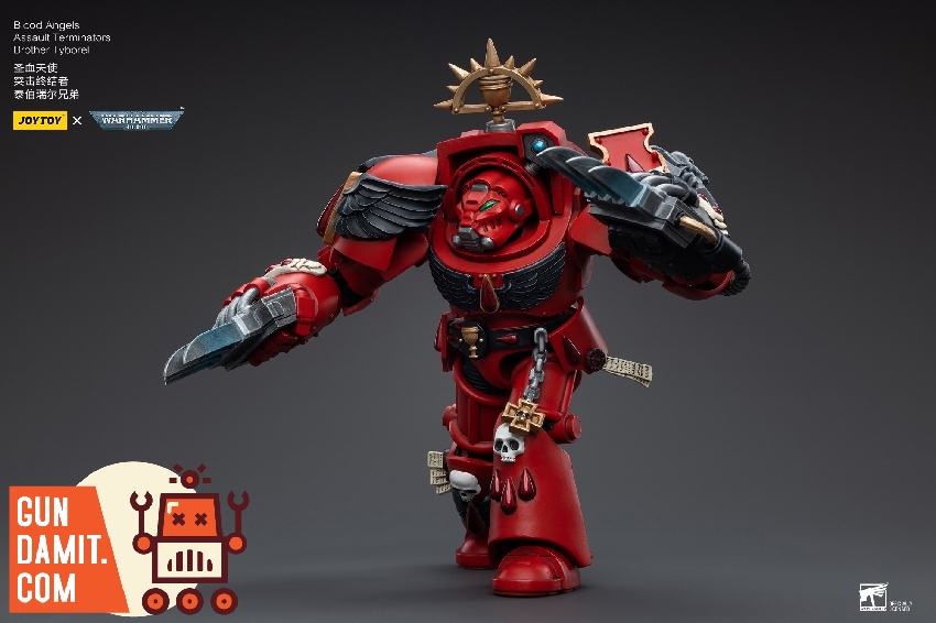 JoyToy 1/18 Blood Angels Assault Terminator Brother Tyborel in red armor charging with power sword and storm shield JoyToy 1/18 Blood Angels Assault Terminator Brother Tyborel in red armor charging with power sword and storm shield