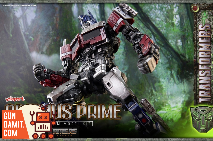 Optimus Prime model kit side profile displaying arm articulation and weathered metallic paint finish Optimus Prime model kit side profile displaying arm articulation and weathered metallic paint finish