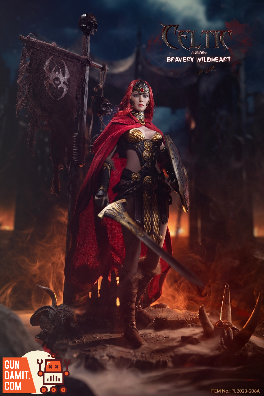 TBLeague Celtic Bravery Wildheart Golden Version full figure standing with sword and golden armor on fiery battlefield TBLeague Celtic Bravery Wildheart Golden Version full figure standing with sword and golden armor on fiery battlefield