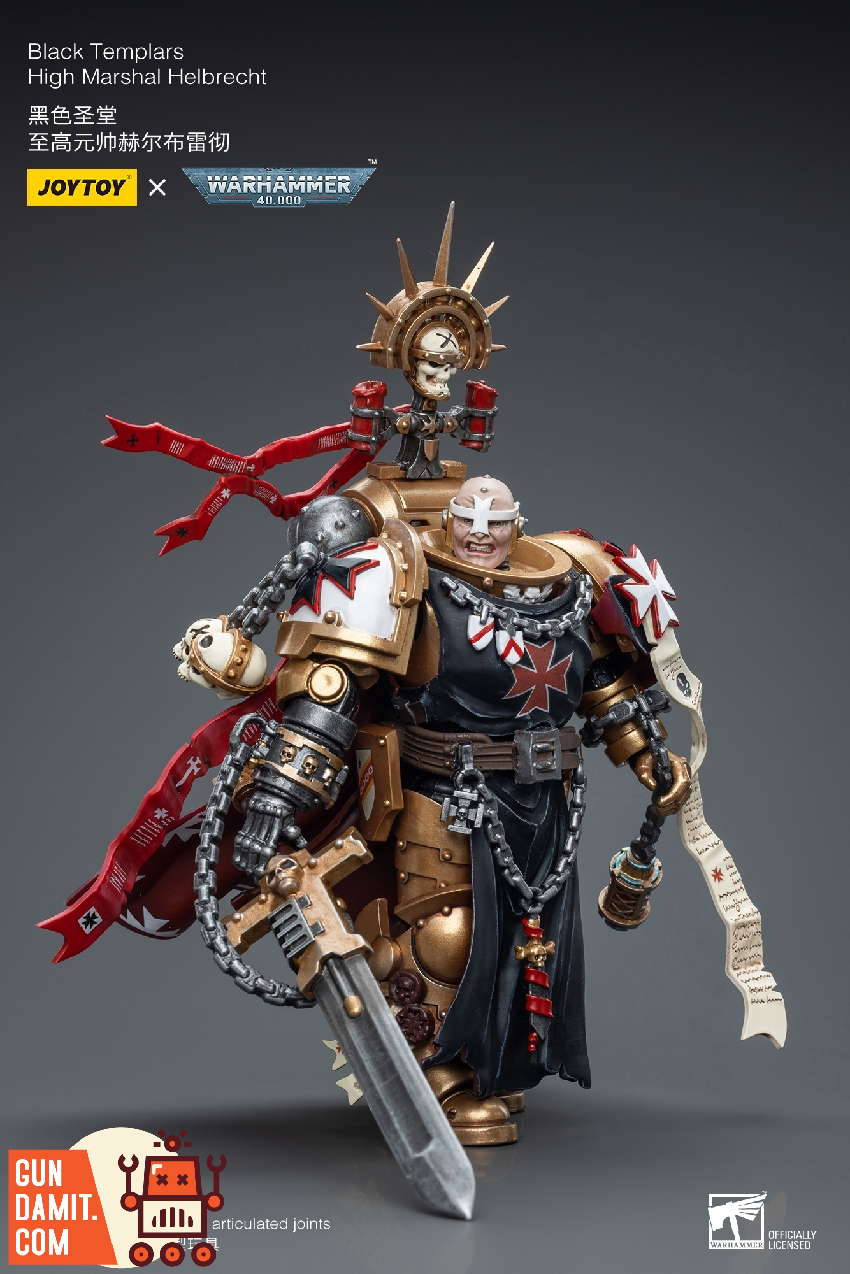 JoyToy Black Templars High Marshal Helbrecht action pose charging forward with sword raised JoyToy Black Templars High Marshal Helbrecht action pose charging forward with sword raised