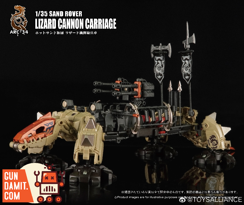 Toys Alliance 1/35 ARC-34 Sand Rover Lizard Cannon Carriage front promotional view with desert crew Toys Alliance 1/35 ARC-34 Sand Rover Lizard Cannon Carriage front promotional view with desert crew