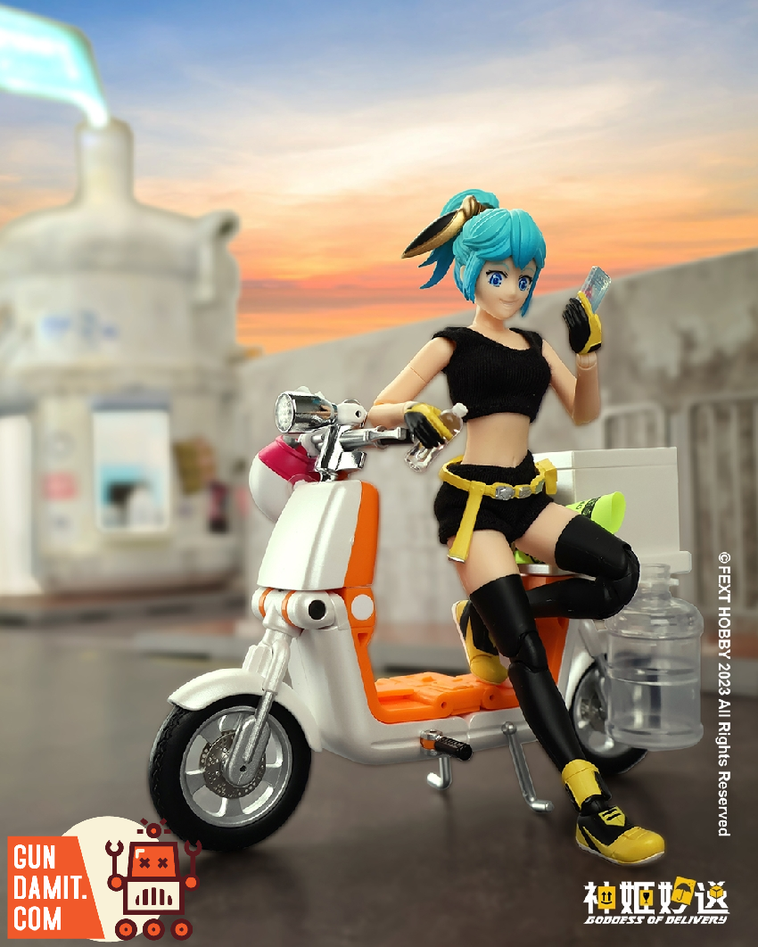 Naqua Shui standing with delivery scooter in sunset city scene wearing black tank top and yellow boots Naqua Shui standing with delivery scooter in sunset city scene wearing black tank top and yellow boots