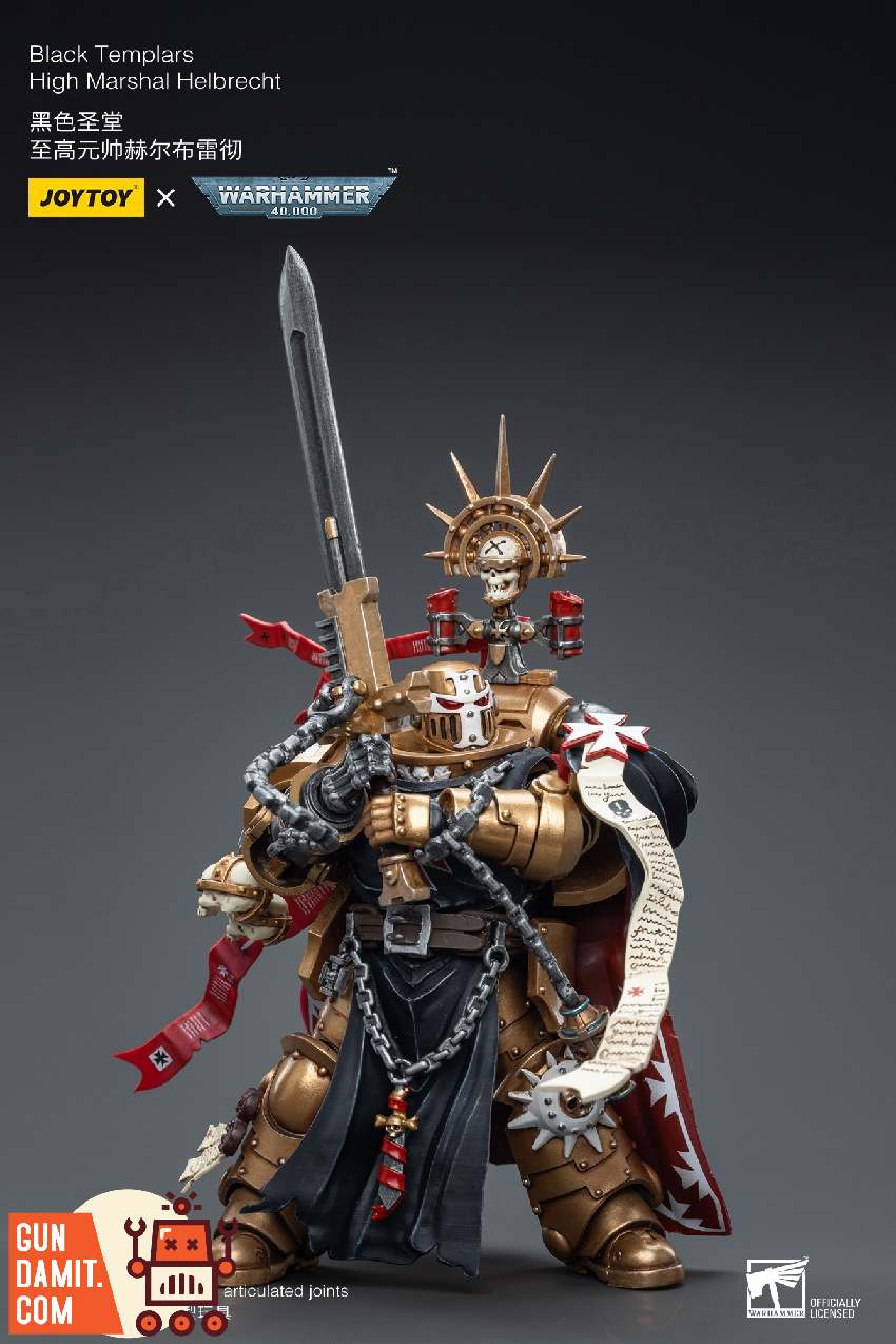 JoyToy Warhammer 40K High Marshal Helbrecht promotional image with golden crown and Templar cross insignia JoyToy Warhammer 40K High Marshal Helbrecht promotional image with golden crown and Templar cross insignia