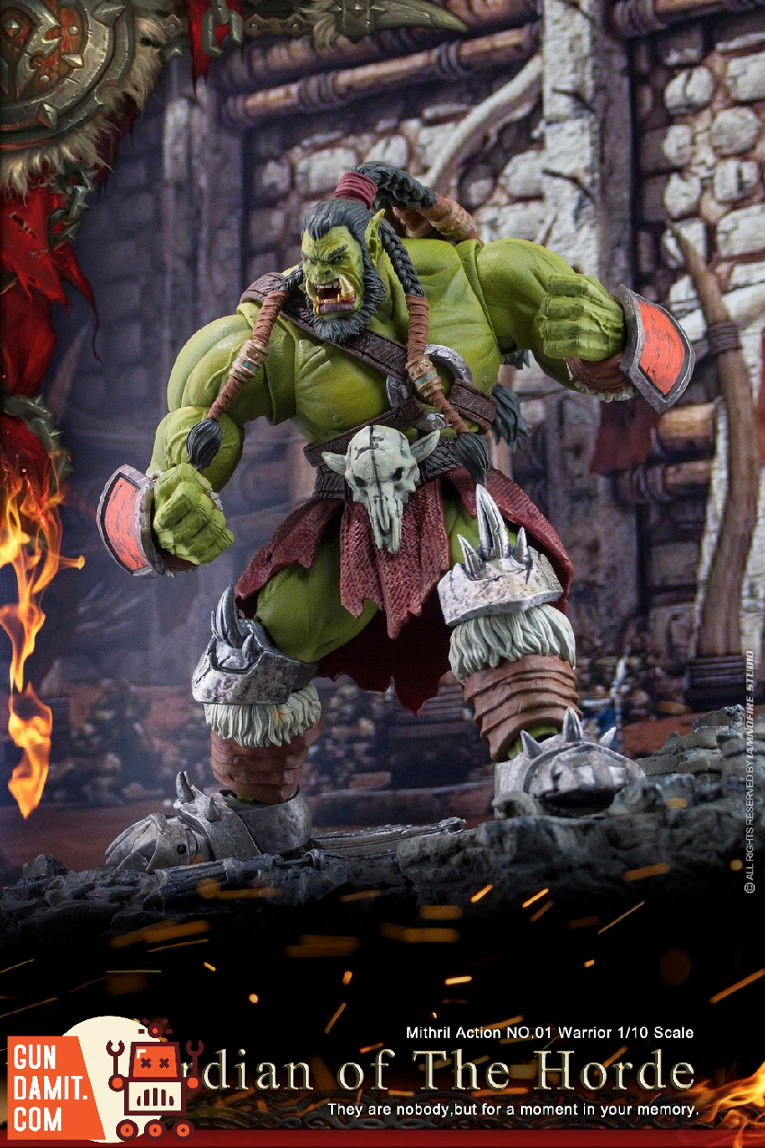 Horde Warrior close-up on green orc face with tusks and war paint Horde Warrior close-up on green orc face with tusks and war paint
