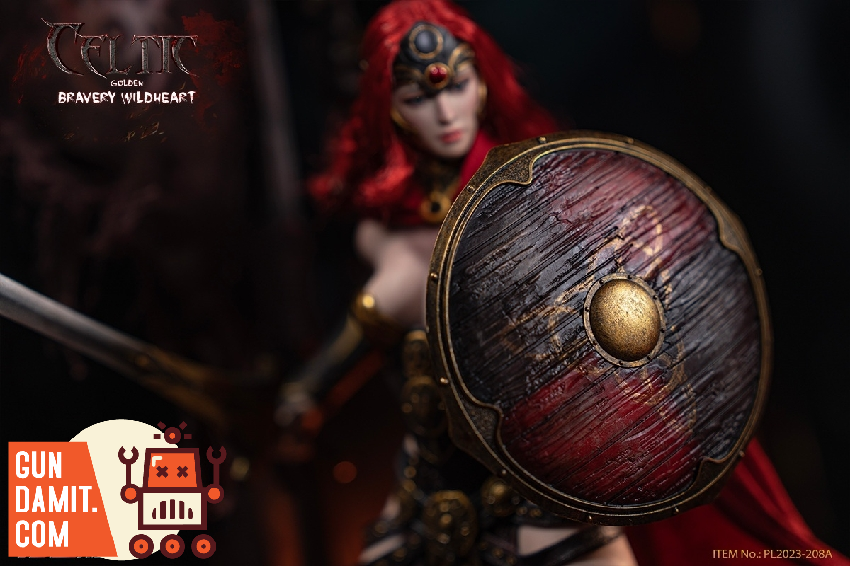 TBLeague Celtic Bravery Wildheart Golden Version action pose with red shield and sword in combat scene TBLeague Celtic Bravery Wildheart Golden Version action pose with red shield and sword in combat scene