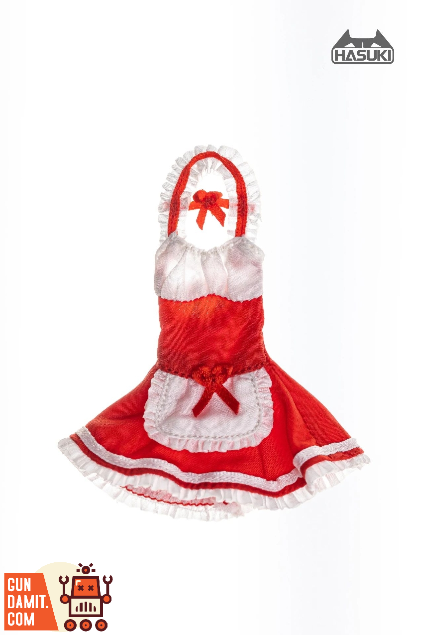 HASUKI maid costume red version side angle showing red apron and white trim detail HASUKI maid costume red version side angle showing red apron and white trim detail