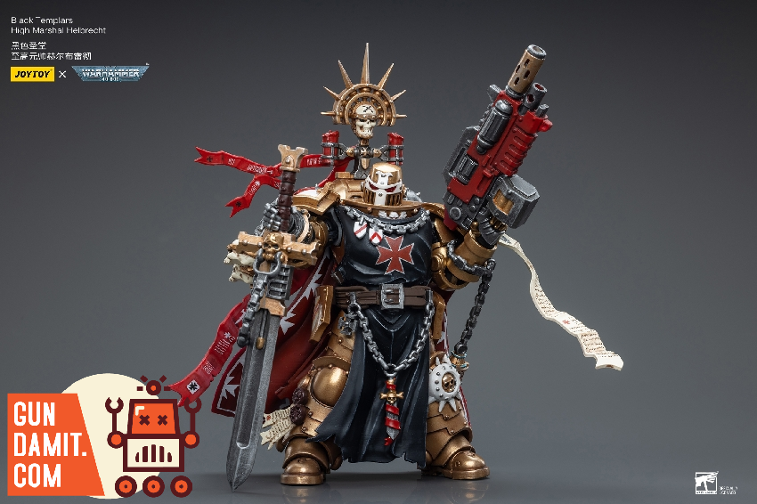 JoyToy Black Templars High Marshal Helbrecht side angle showing ornate gold armor and red weapon details JoyToy Black Templars High Marshal Helbrecht side angle showing ornate gold armor and red weapon details