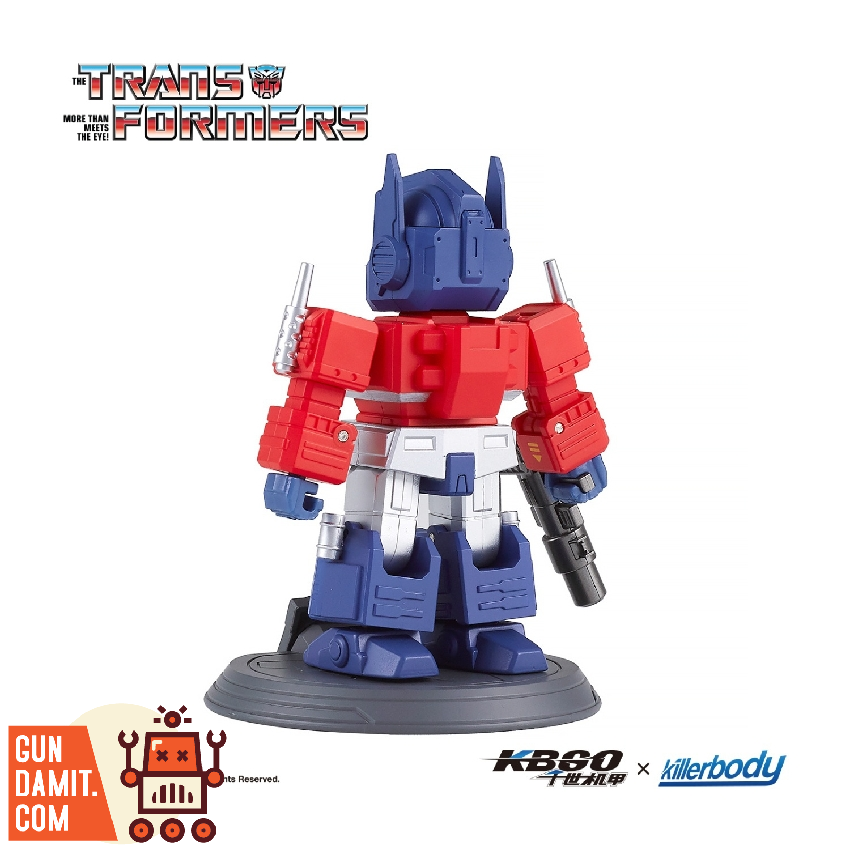 Killerbody KB20069-52 Transformers G1 Optimus Prime collectible action doll front view with blaster and shield on display stand Killerbody KB20069-52 Transformers G1 Optimus Prime collectible action doll front view with blaster and shield on display stand