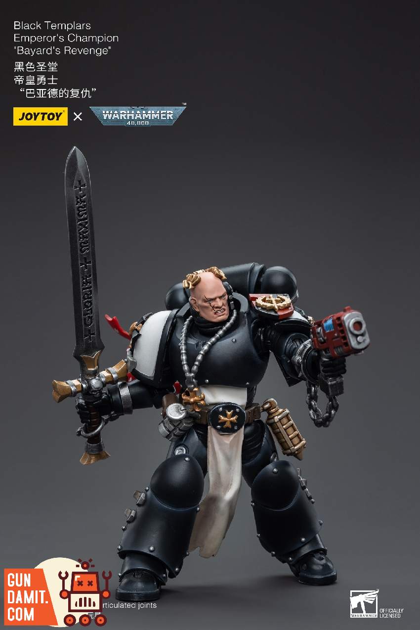 JoyToy Black Templars Emperor's Champion combat pose lunging forward with Black Sword JoyToy Black Templars Emperor's Champion combat pose lunging forward with Black Sword
