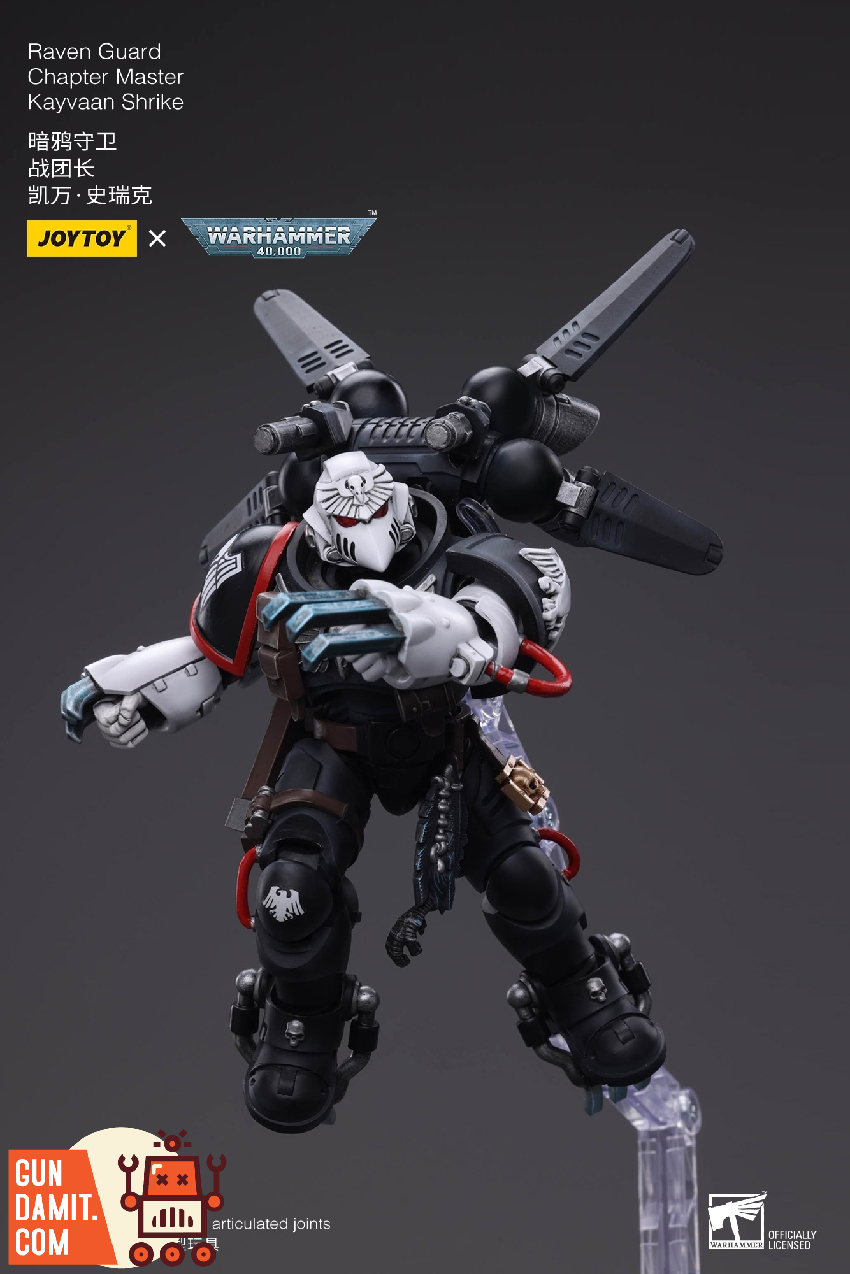 Kayvaan Shrike in aerial jump pack pose with twin lightning claws extended in black Raven Guard armor Kayvaan Shrike in aerial jump pack pose with twin lightning claws extended in black Raven Guard armor