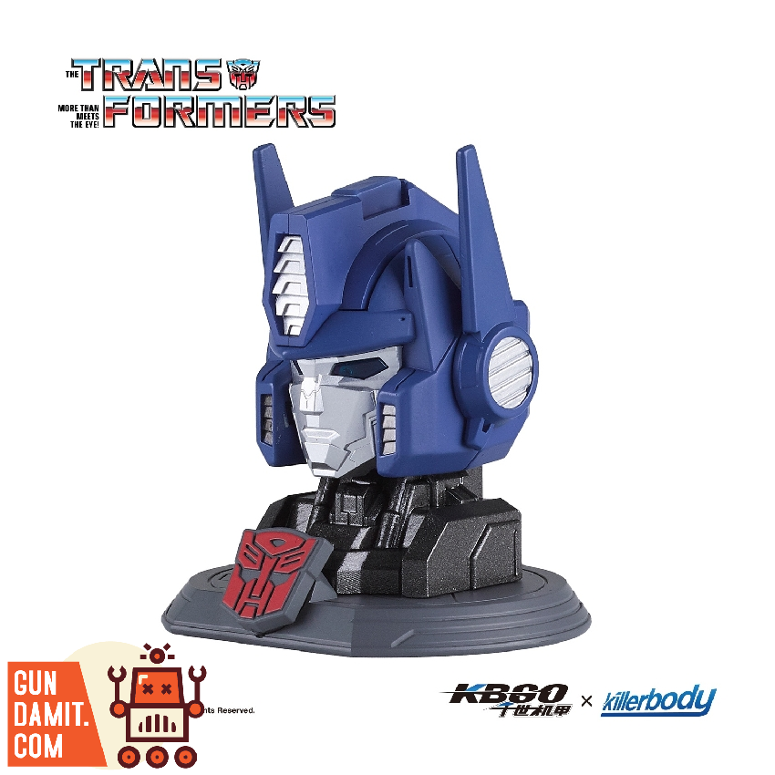 Killerbody Optimus Prime head sculpt left side profile view showing helmet fin antenna and angular jaw armor in blue Killerbody Optimus Prime head sculpt left side profile view showing helmet fin antenna and angular jaw armor in blue