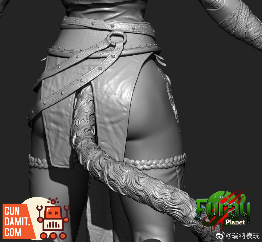 Close-up of Assassin You lower body sculpt showing belted skirt and fox tail accessory detail Close-up of Assassin You lower body sculpt showing belted skirt and fox tail accessory detail