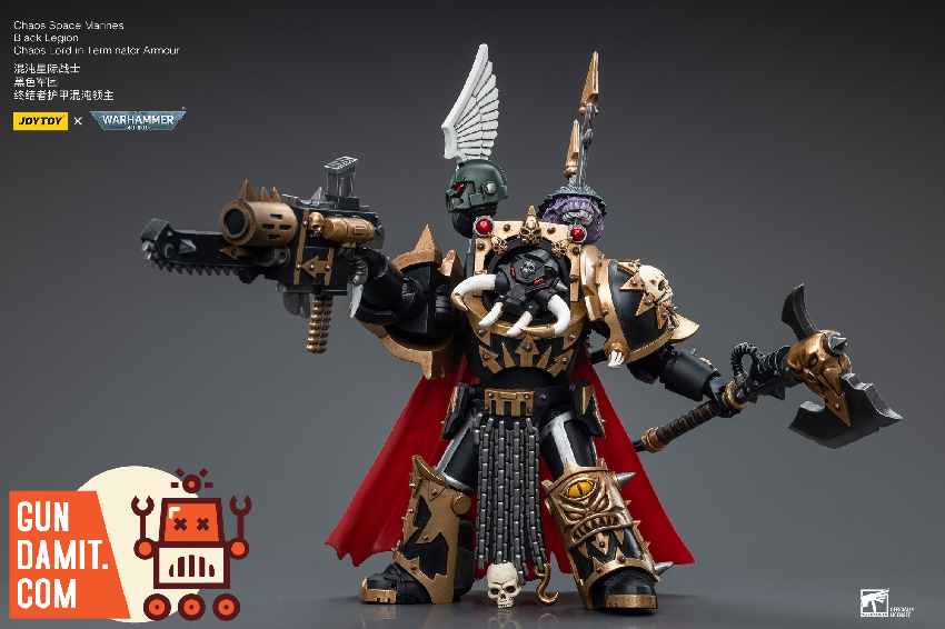 JoyToy Chaos Lord rear view showing spiked Terminator armor with wings and skull trophies JoyToy Chaos Lord rear view showing spiked Terminator armor with wings and skull trophies