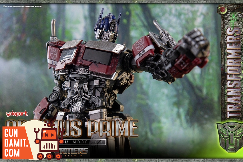 Close-up of Optimus Prime upper body with raised fist showing mechanical detail and battle damage effects Close-up of Optimus Prime upper body with raised fist showing mechanical detail and battle damage effects