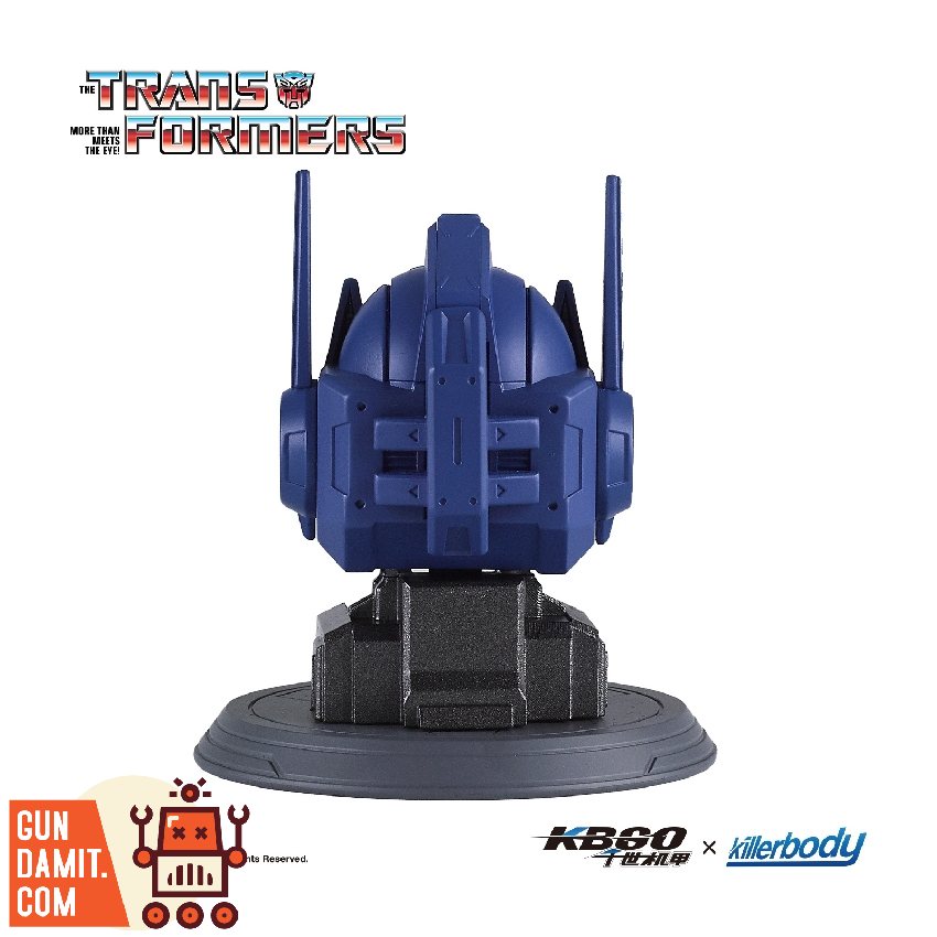 Killerbody KB20069 Transformers G1 Optimus Prime head sculpt in unpainted blue, rear three-quarter view on round display base Killerbody KB20069 Transformers G1 Optimus Prime head sculpt in unpainted blue, rear three-quarter view on round display base
