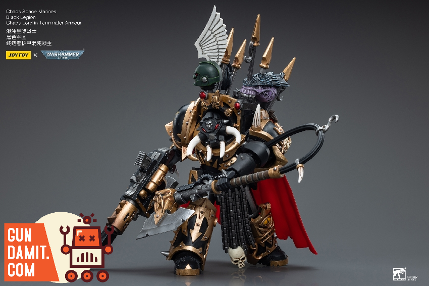 JoyToy Black Legion Chaos Lord in Terminator Armour side angle with trophy rack and dark ornaments JoyToy Black Legion Chaos Lord in Terminator Armour side angle with trophy rack and dark ornaments