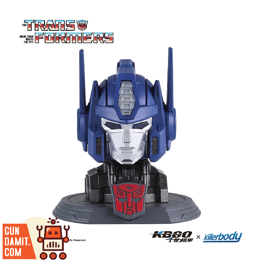 Killerbody Optimus Prime EDC head sculpt front view with painted face plate, blue helmet, and Autobot logo on chest base Killerbody Optimus Prime EDC head sculpt front view with painted face plate, blue helmet, and Autobot logo on chest base