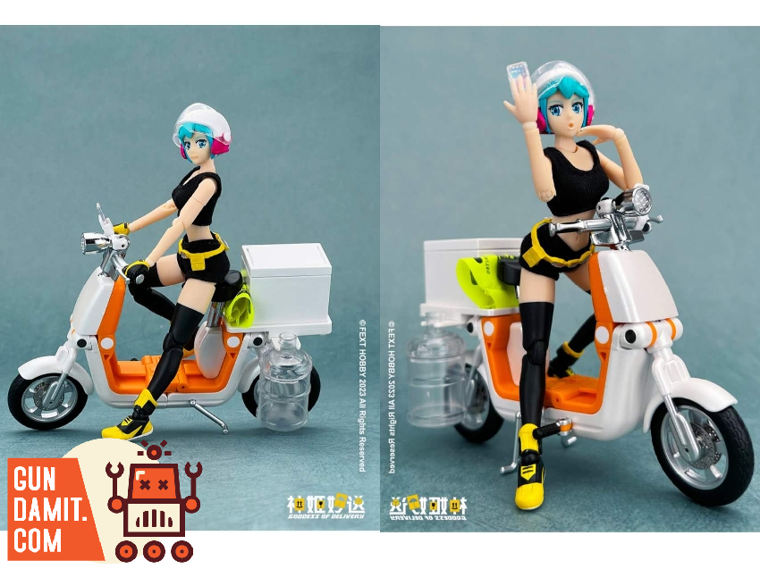 Naqua Shui sitting on white and orange delivery scooter with pizza delivery box on back Naqua Shui sitting on white and orange delivery scooter with pizza delivery box on back