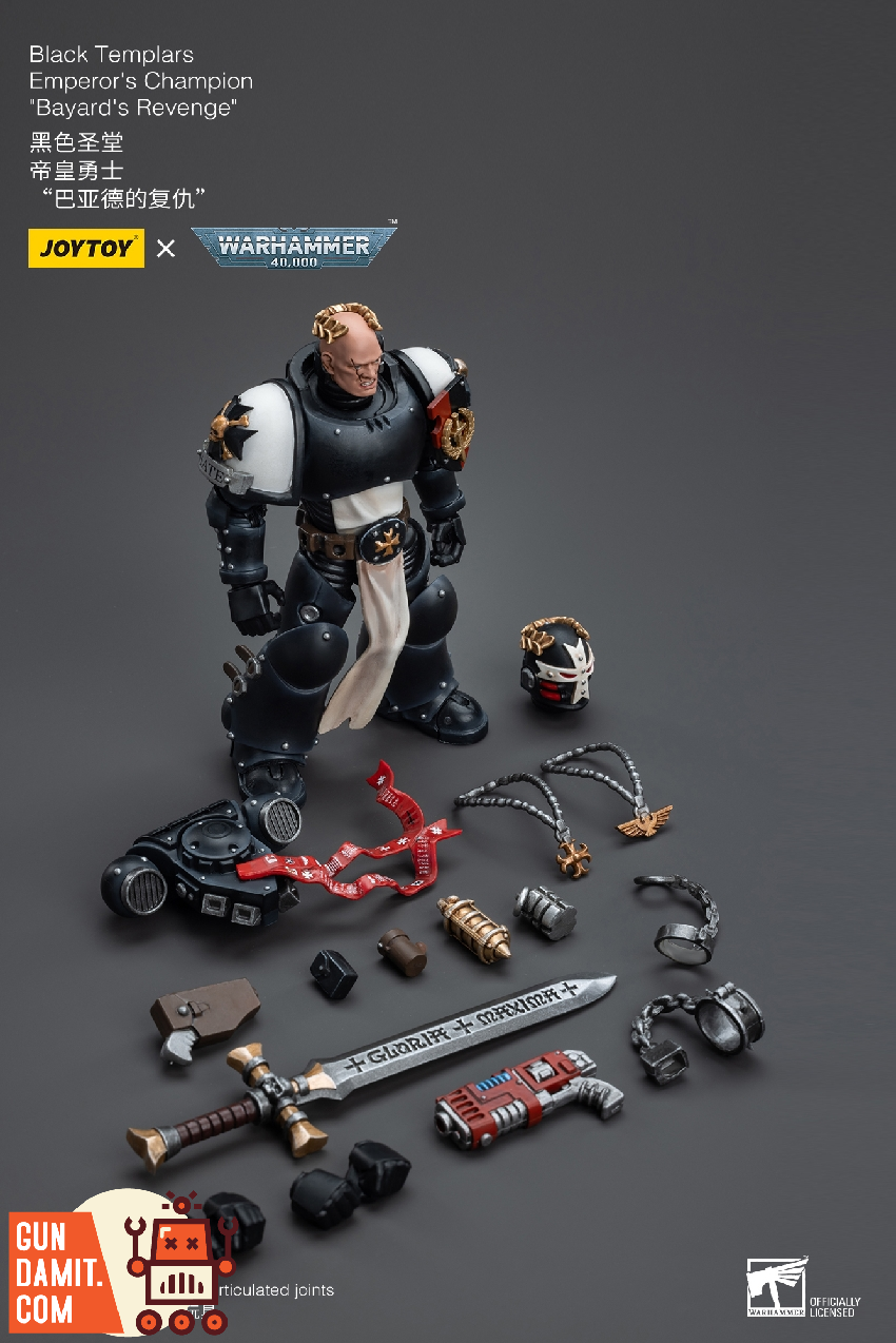 JoyToy Black Templars Emperor's Champion full accessories layout with weapons hands and purity seals JoyToy Black Templars Emperor's Champion full accessories layout with weapons hands and purity seals