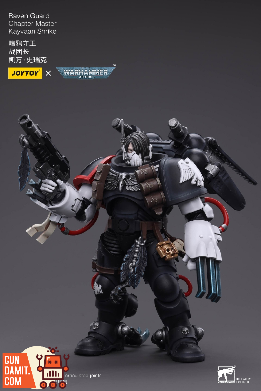 Front standing view of Shrike in black and white Raven Guard power armor holding dual bolt pistols Front standing view of Shrike in black and white Raven Guard power armor holding dual bolt pistols