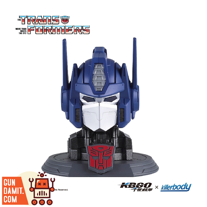 Killerbody Optimus Prime head sculpt front view with battle mask face plate up, showing silver face and blue helmet details Killerbody Optimus Prime head sculpt front view with battle mask face plate up, showing silver face and blue helmet details