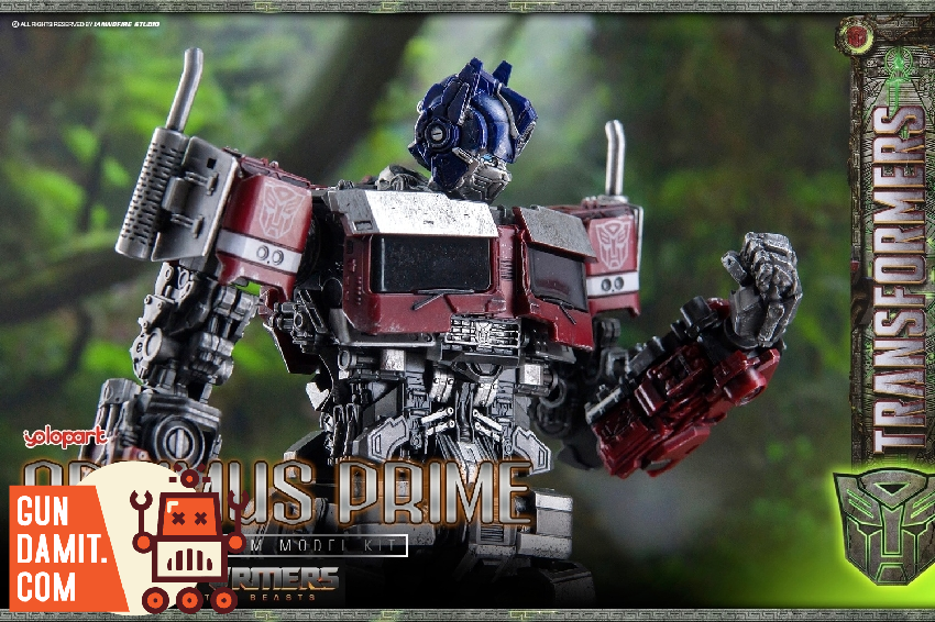 Optimus Prime model kit front view showing detailed red and blue mechanical parts and chest windows Optimus Prime model kit front view showing detailed red and blue mechanical parts and chest windows