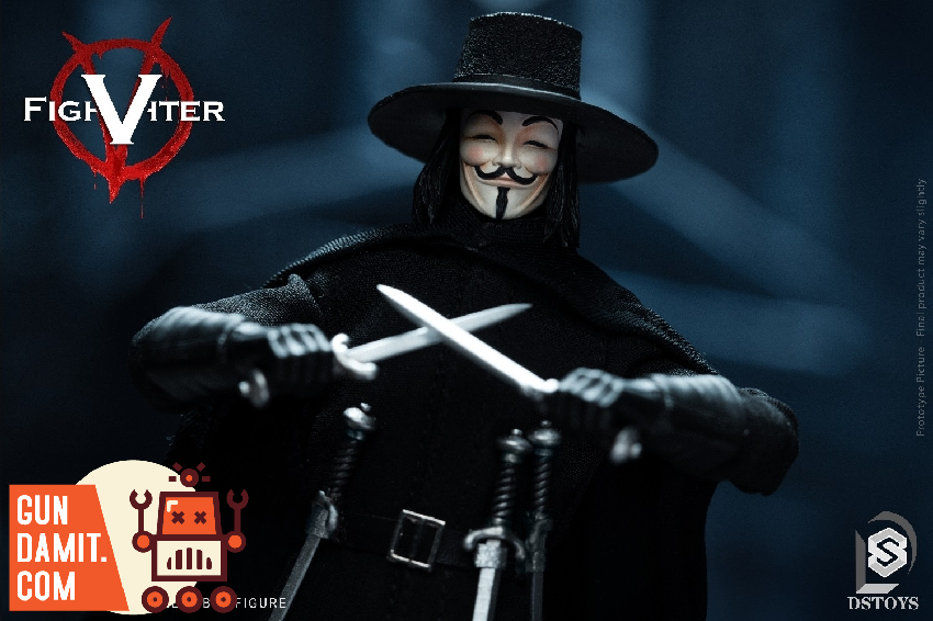 V figure crossing two daggers in front of chest wearing Guy Fawkes mask in dark atmospheric scene V figure crossing two daggers in front of chest wearing Guy Fawkes mask in dark atmospheric scene