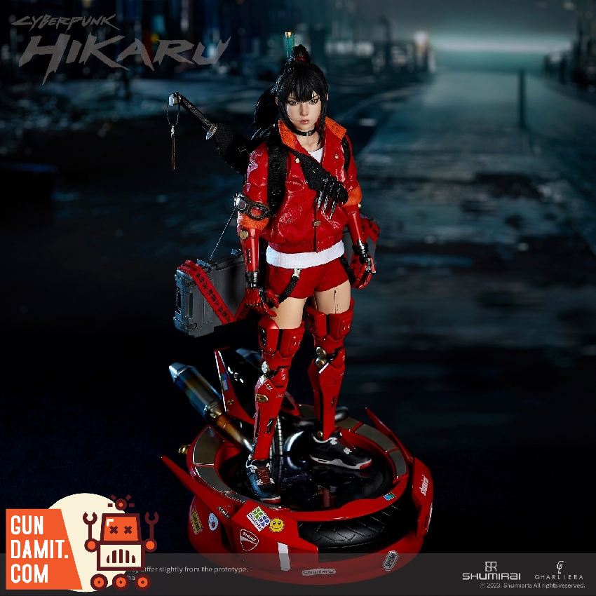 Hikaru the Bounty Hunter 1/6 figure full body standing on tech base in red outfit Hikaru the Bounty Hunter 1/6 figure full body standing on tech base in red outfit