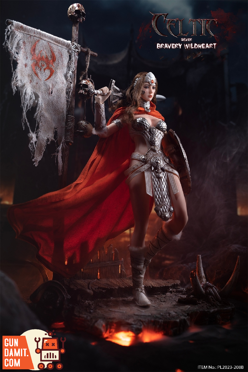 TBLeague Celtic Bravery Wildheart Silver Version warrior figure holding flag banner with red cape flowing on battlefield TBLeague Celtic Bravery Wildheart Silver Version warrior figure holding flag banner with red cape flowing on battlefield