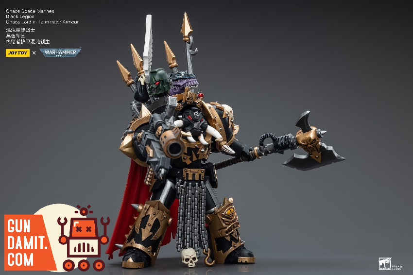 JoyToy Black Legion Chaos Lord three-quarter angle with combi-bolter and daemon axe JoyToy Black Legion Chaos Lord three-quarter angle with combi-bolter and daemon axe