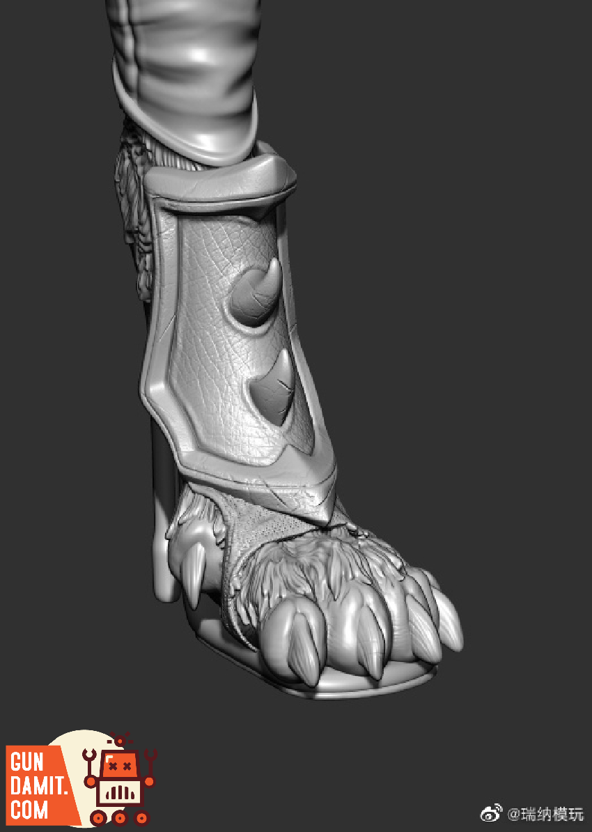 Close-up of Assassin You boot and foot armor sculpt showing animal claw design detail Close-up of Assassin You boot and foot armor sculpt showing animal claw design detail