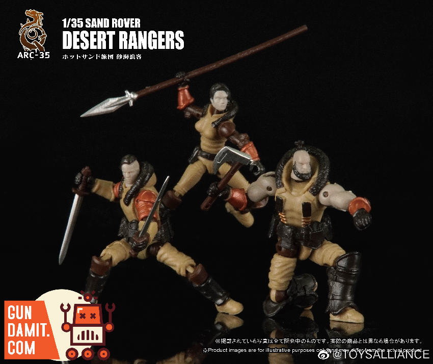 Toys Alliance Desert Rangers promotional desert scene with all three figures in combat positions Toys Alliance Desert Rangers promotional desert scene with all three figures in combat positions