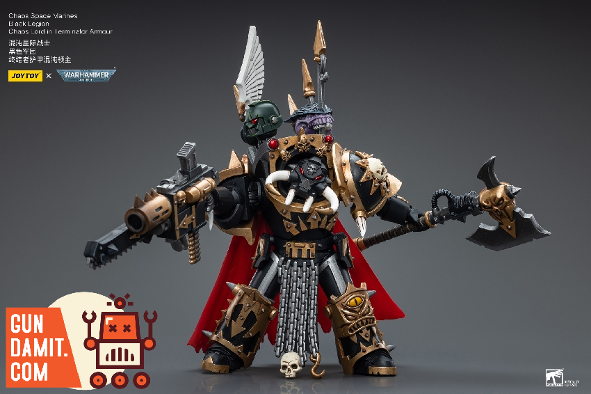 JoyToy 1/18 Warhammer 40K Chaos Space Marines Black Legion Chaos Lord front view with daemon weapon JoyToy 1/18 Warhammer 40K Chaos Space Marines Black Legion Chaos Lord front view with daemon weapon