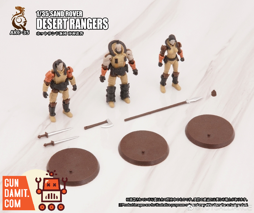Toys Alliance ARC-35 Desert Rangers top-down layout showing all three armored soldier figures Toys Alliance ARC-35 Desert Rangers top-down layout showing all three armored soldier figures