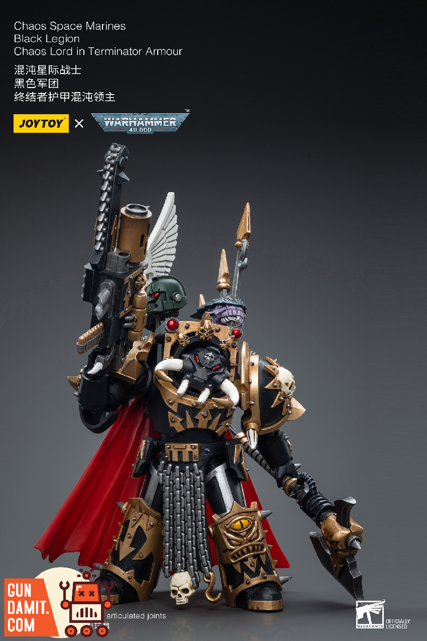 JoyToy Black Legion Chaos Lord in Terminator Armour promotional action pose with raised daemon weapon JoyToy Black Legion Chaos Lord in Terminator Armour promotional action pose with raised daemon weapon