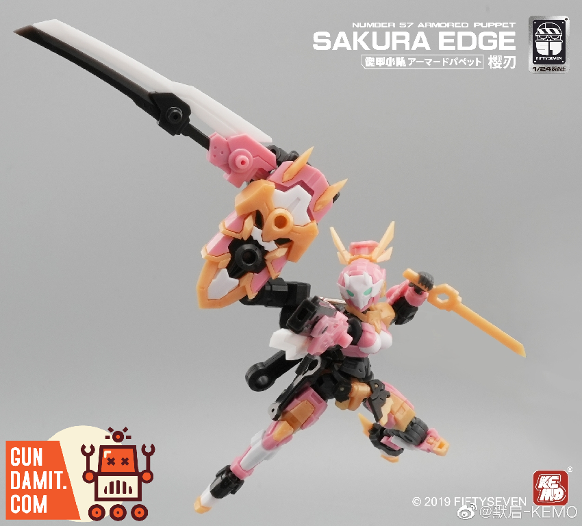 Sakura Edge mid-air action pose wielding oversized katana Sakura Edge mid-air action pose wielding oversized katana