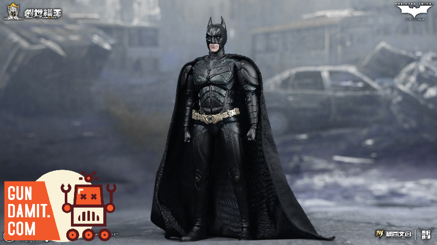 Full body Batman in black suit standing on city street with cape flowing in urban environment Full body Batman in black suit standing on city street with cape flowing in urban environment