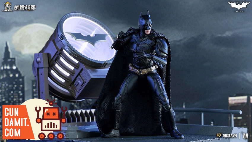 Batman on building rooftop with illuminated Bat-Signal projecting into cloudy sky Batman on building rooftop with illuminated Bat-Signal projecting into cloudy sky