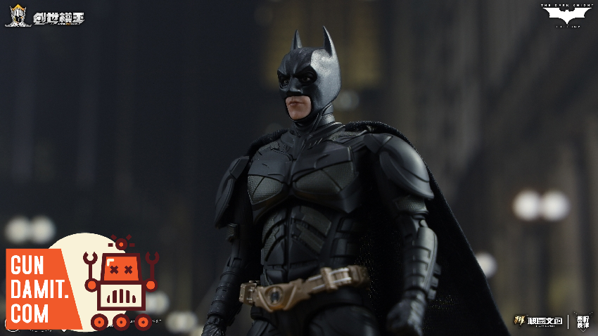 Modoking 1/12 Dark Knight Batman model kit in full black Batsuit standing in Gotham city setting Modoking 1/12 Dark Knight Batman model kit in full black Batsuit standing in Gotham city setting