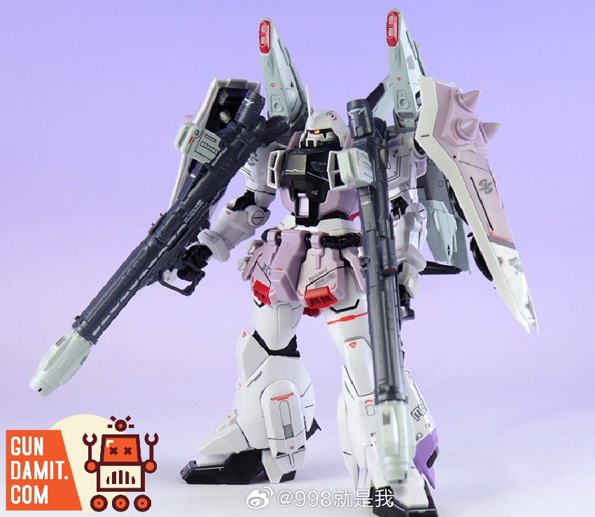 Rear view of Slash Zaku Phantom White Version showing detailed backpack thrusters and weapon mount Rear view of Slash Zaku Phantom White Version showing detailed backpack thrusters and weapon mount