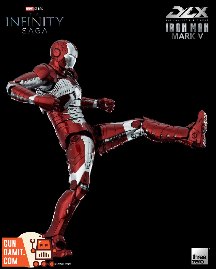 Threezero DLX Iron Man Mark V in high kick fighting pose showing full articulation range Threezero DLX Iron Man Mark V in high kick fighting pose showing full articulation range