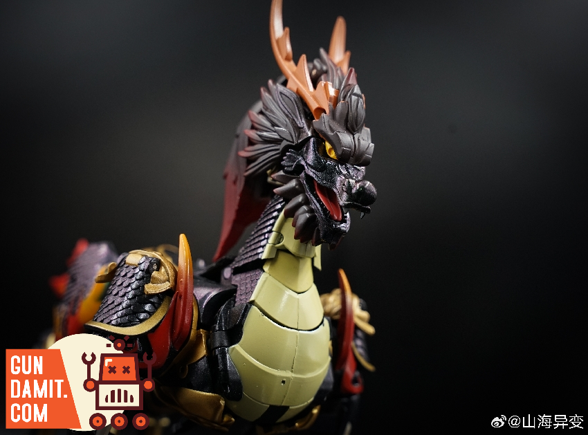 SHYB Studio Kilin figure beast form close-up showing dragon head and golden armor detail SHYB Studio Kilin figure beast form close-up showing dragon head and golden armor detail