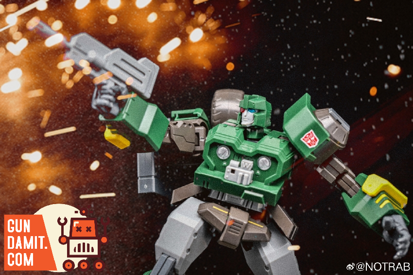 Furai Model Hound in crouching action pose firing weapons with sparks and explosion effects Furai Model Hound in crouching action pose firing weapons with sparks and explosion effects